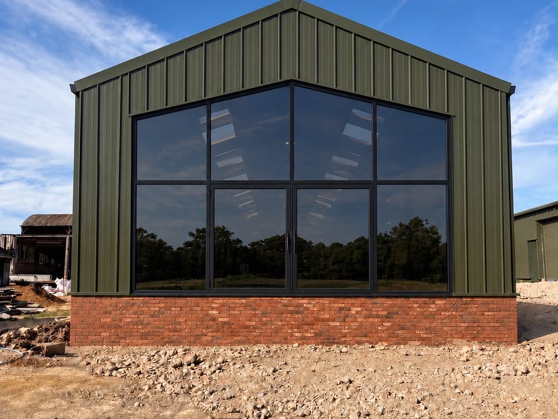 Render of the barn's large feature window above a red brick base